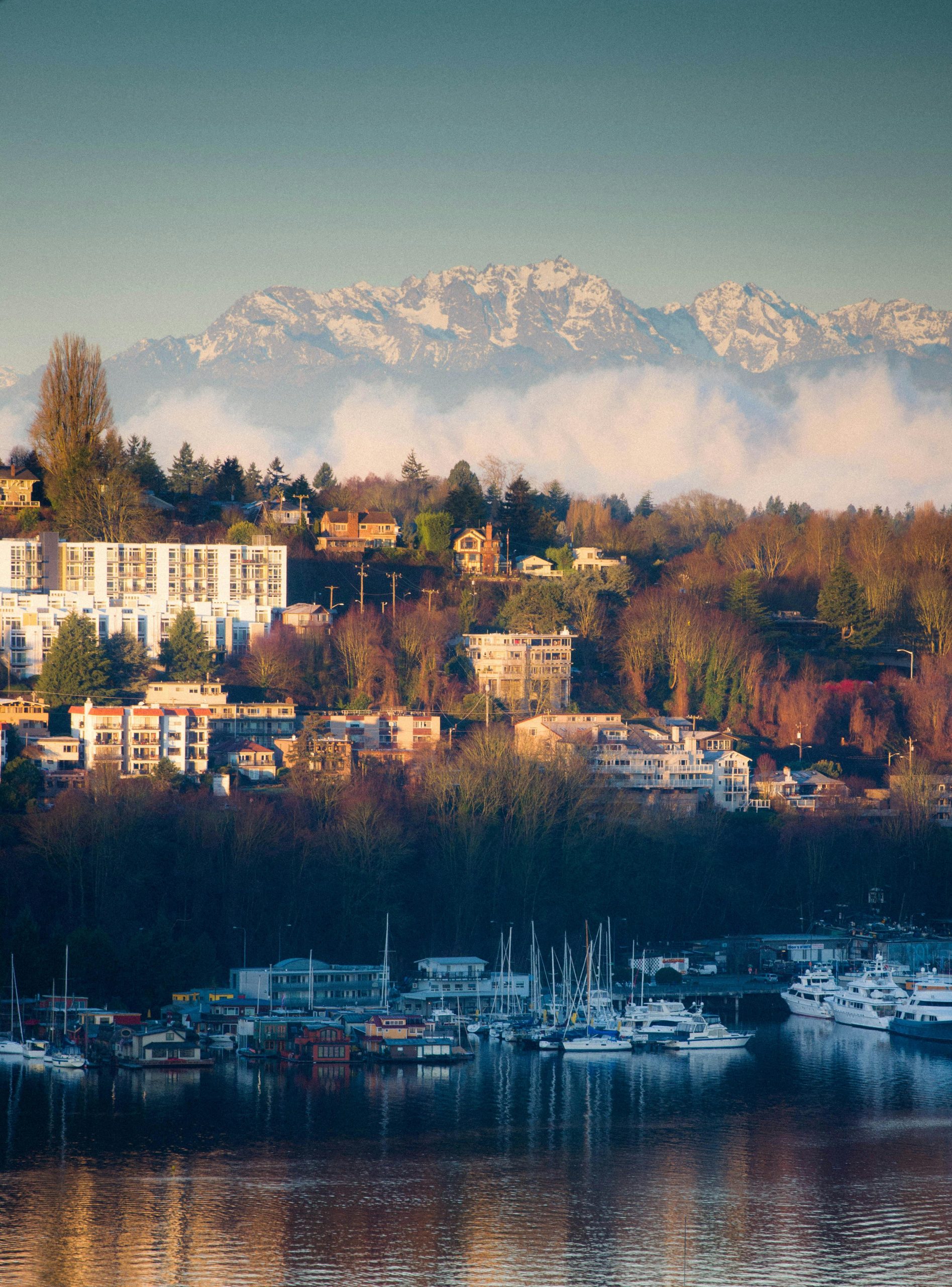 Captivating city skyline with the majestic Olympic Mountains in the backdrop.